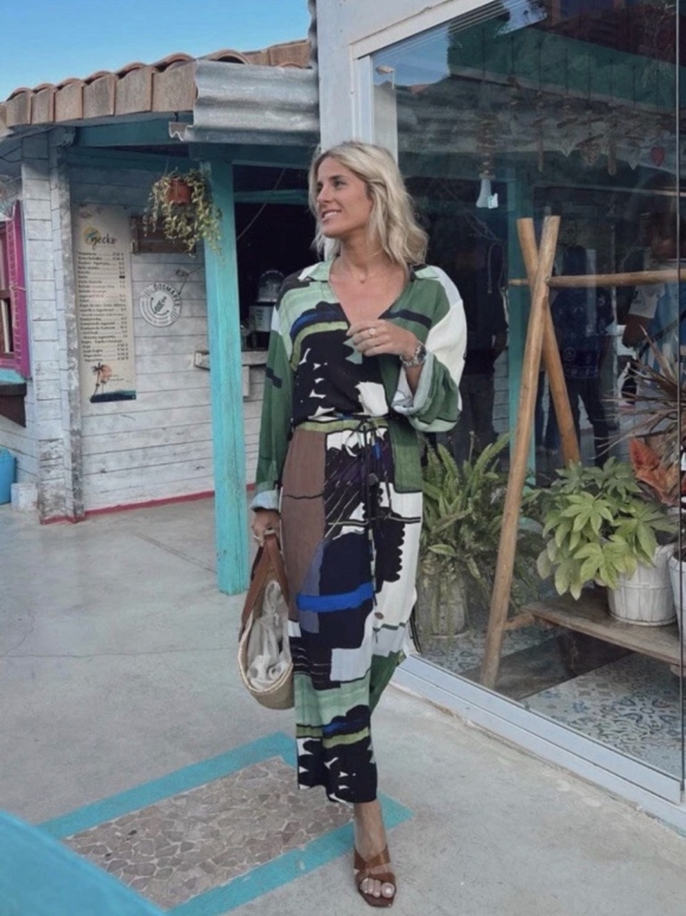 Zara Green, Blue, Black & White Abstract Print Midi Dress